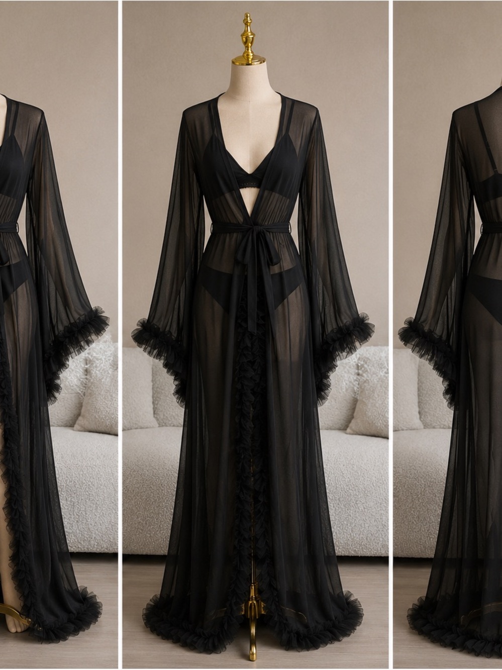 Sheer Black Ruffle Trim Long Mesh Robe - Women's Intimates - Picture 2 of 3